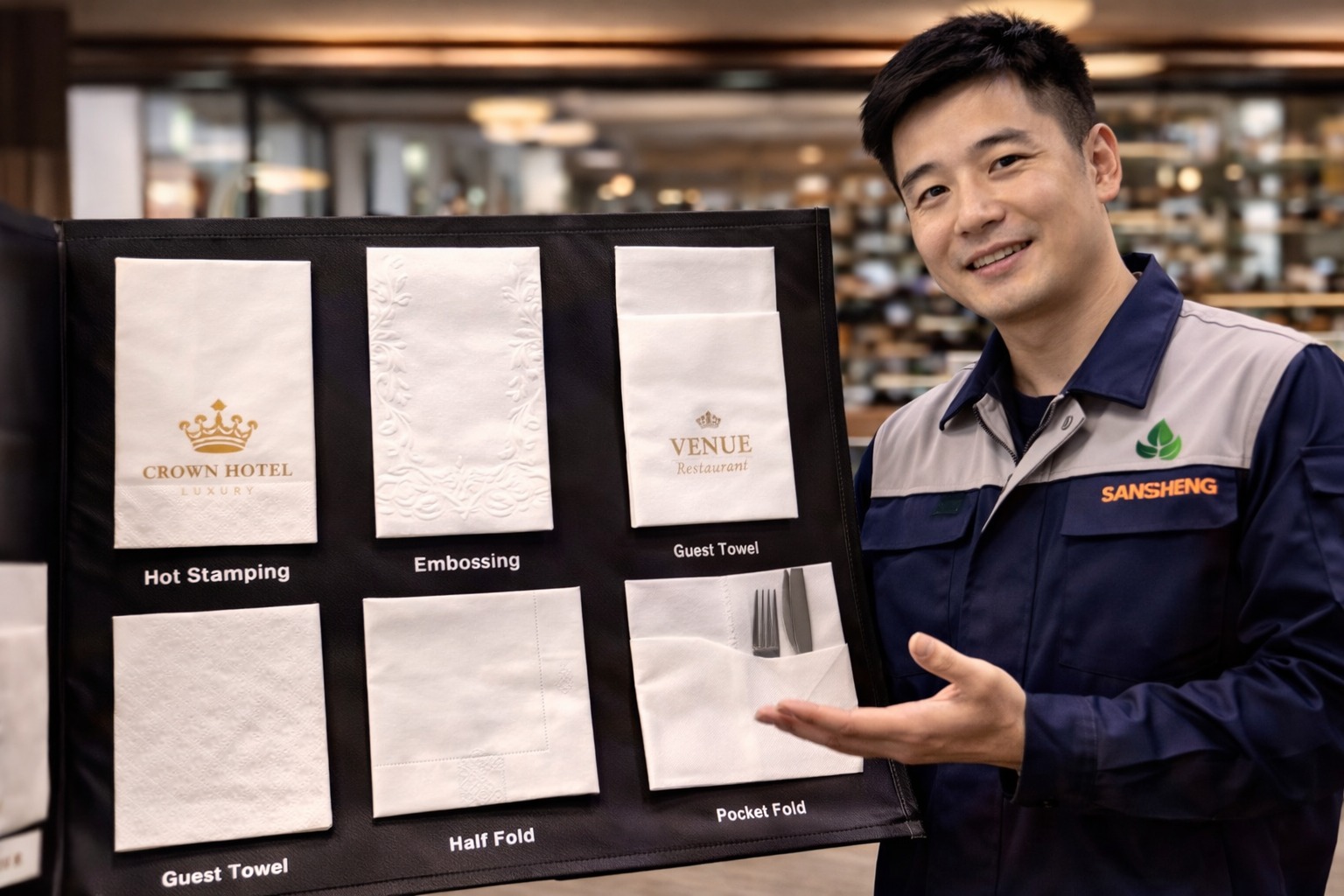 Airlaid Paper Manufacturer custom printing embossing and fold options for HoReCa napkins