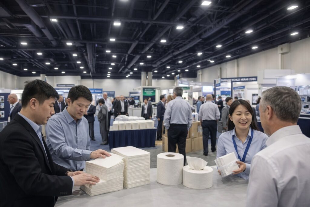 Tissue World Miami 2026 trade show floor with tissue paper exhibitors