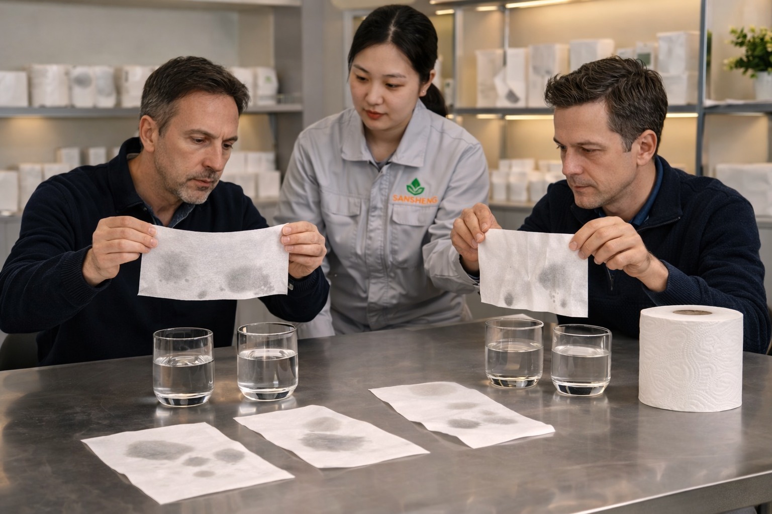 Buyers comparing absorbency performance of tissue products for hotel, horeca and premium retail applications