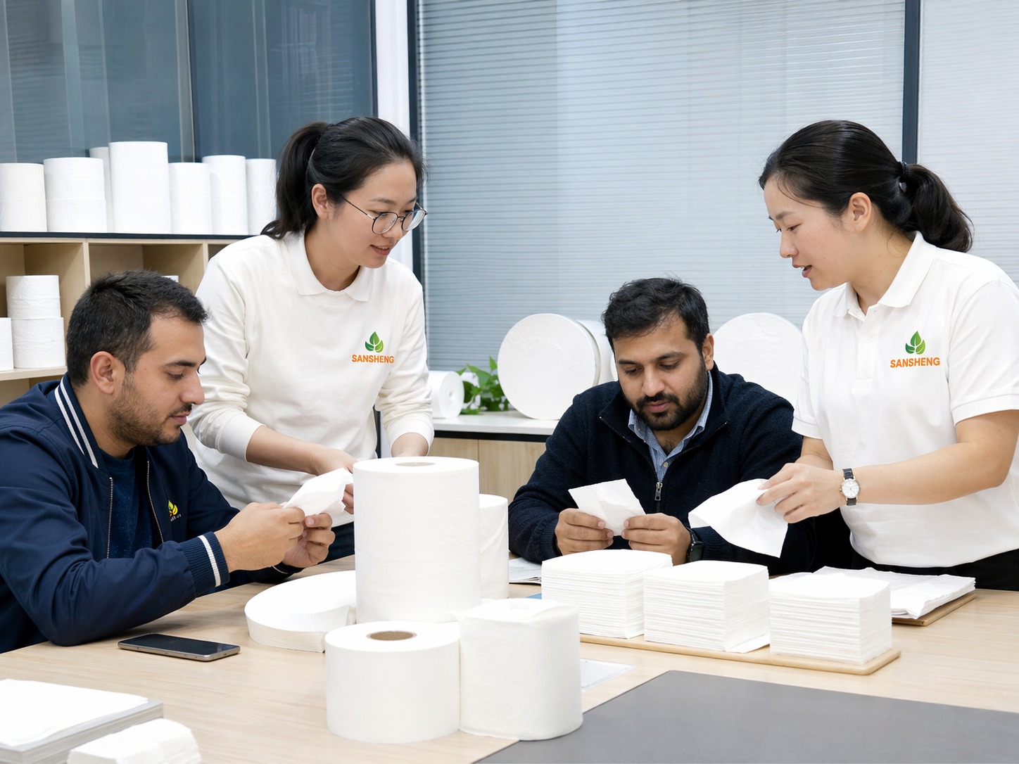 Importers and converters reviewing premium TAD tissue samples and finished applications for higher-end towel and toilet tissue programs.