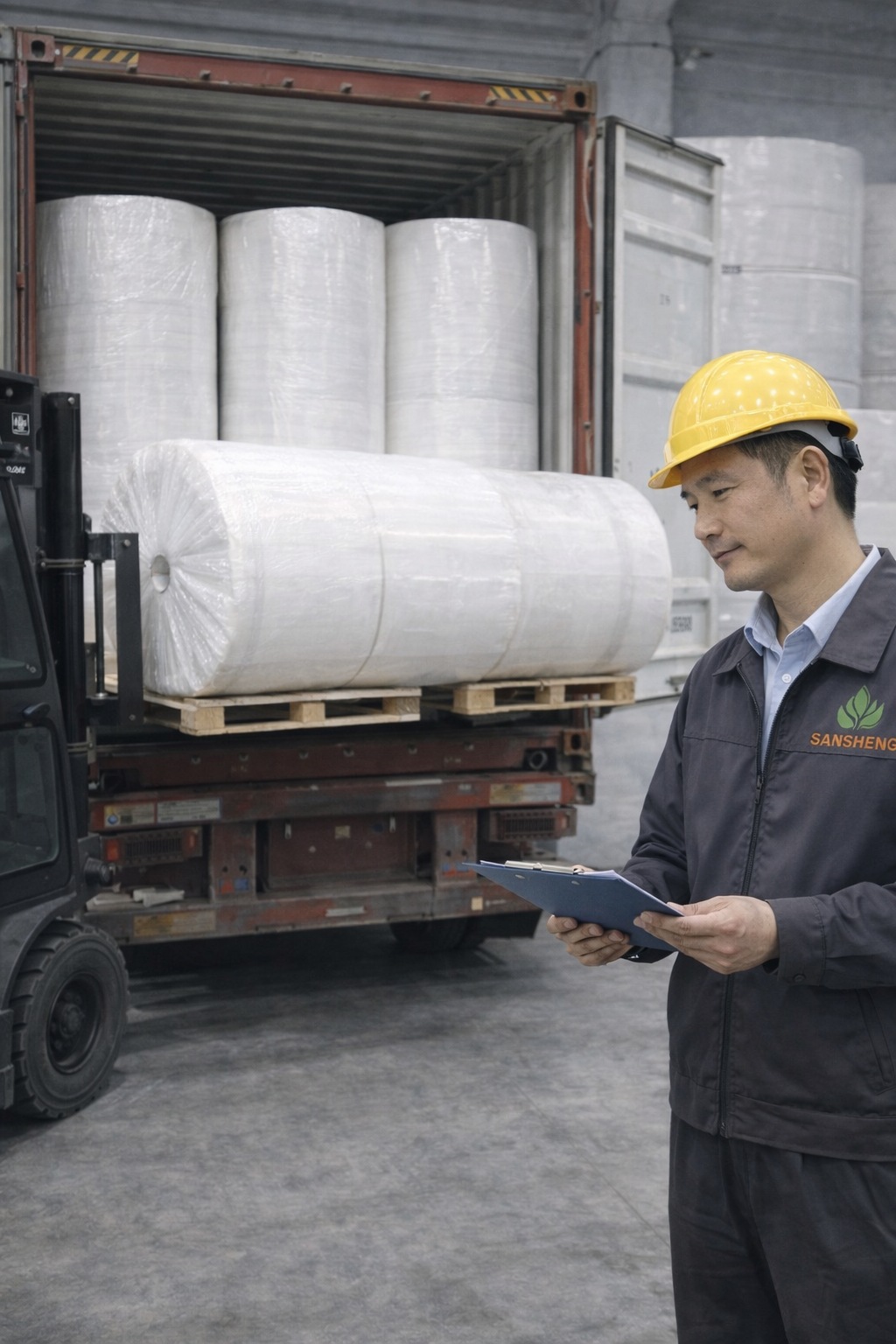 Container loading guidance for tissue mother rolls showing bulk roll protection loading method and 40HQ shipment planning