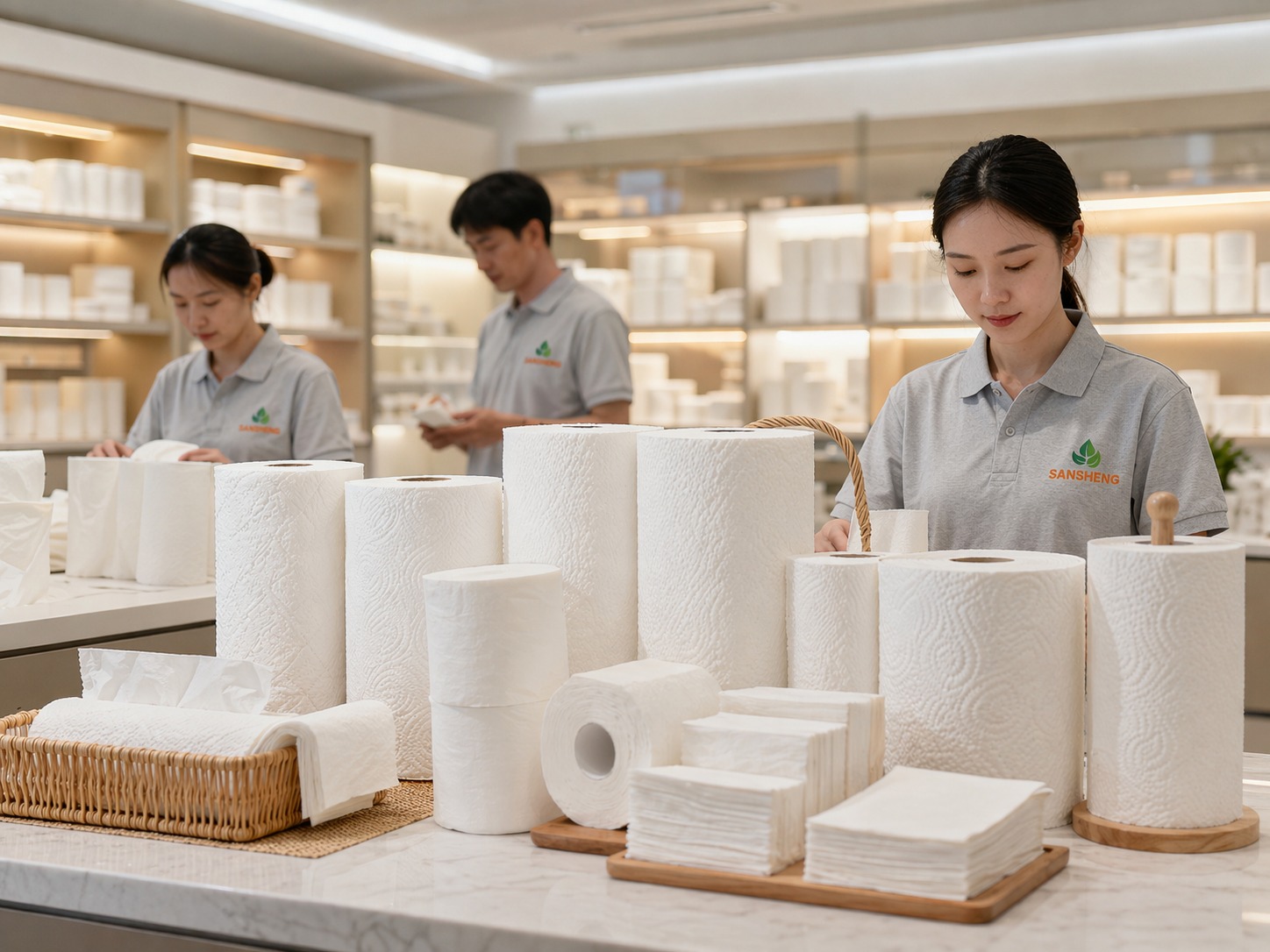 Converted premium TAD tissue products such as kitchen towel, toilet paper and napkins for hospitality and retail use