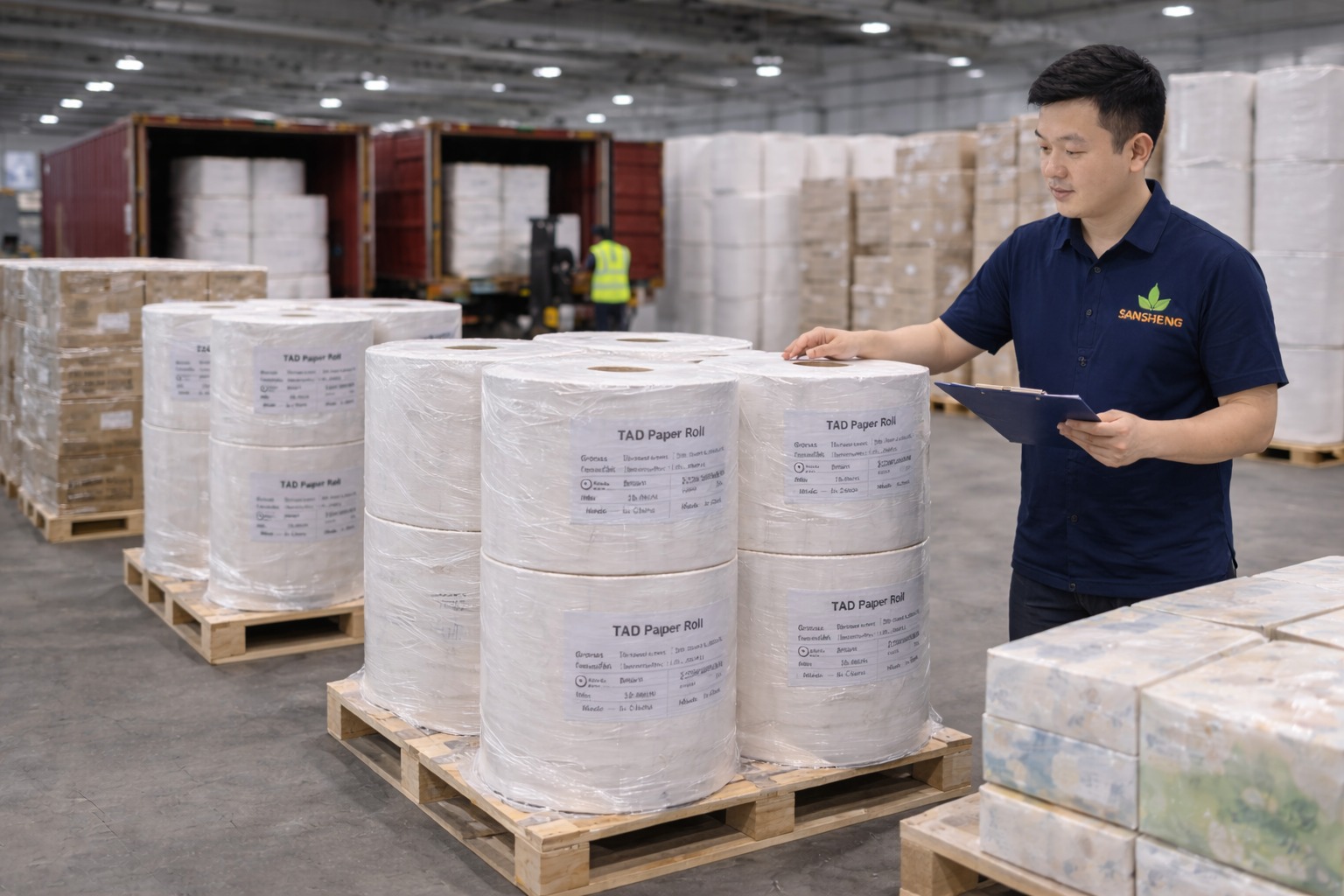 Export-ready TAD paper jumbo rolls with pallet wrapping and shipping preparation for container loading