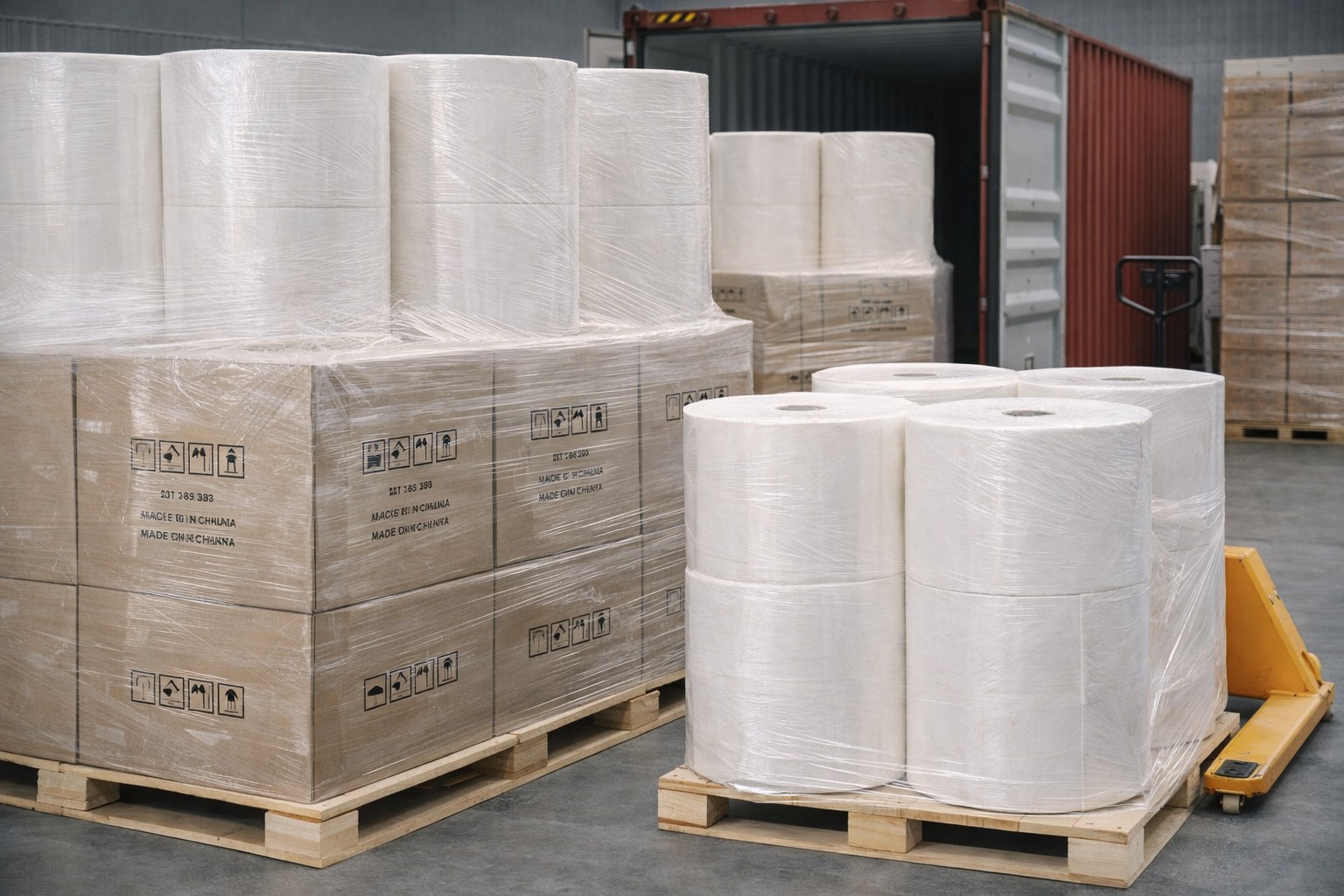 Export-ready TAD paper packing with jumbo rolls pallets and shipping preparation