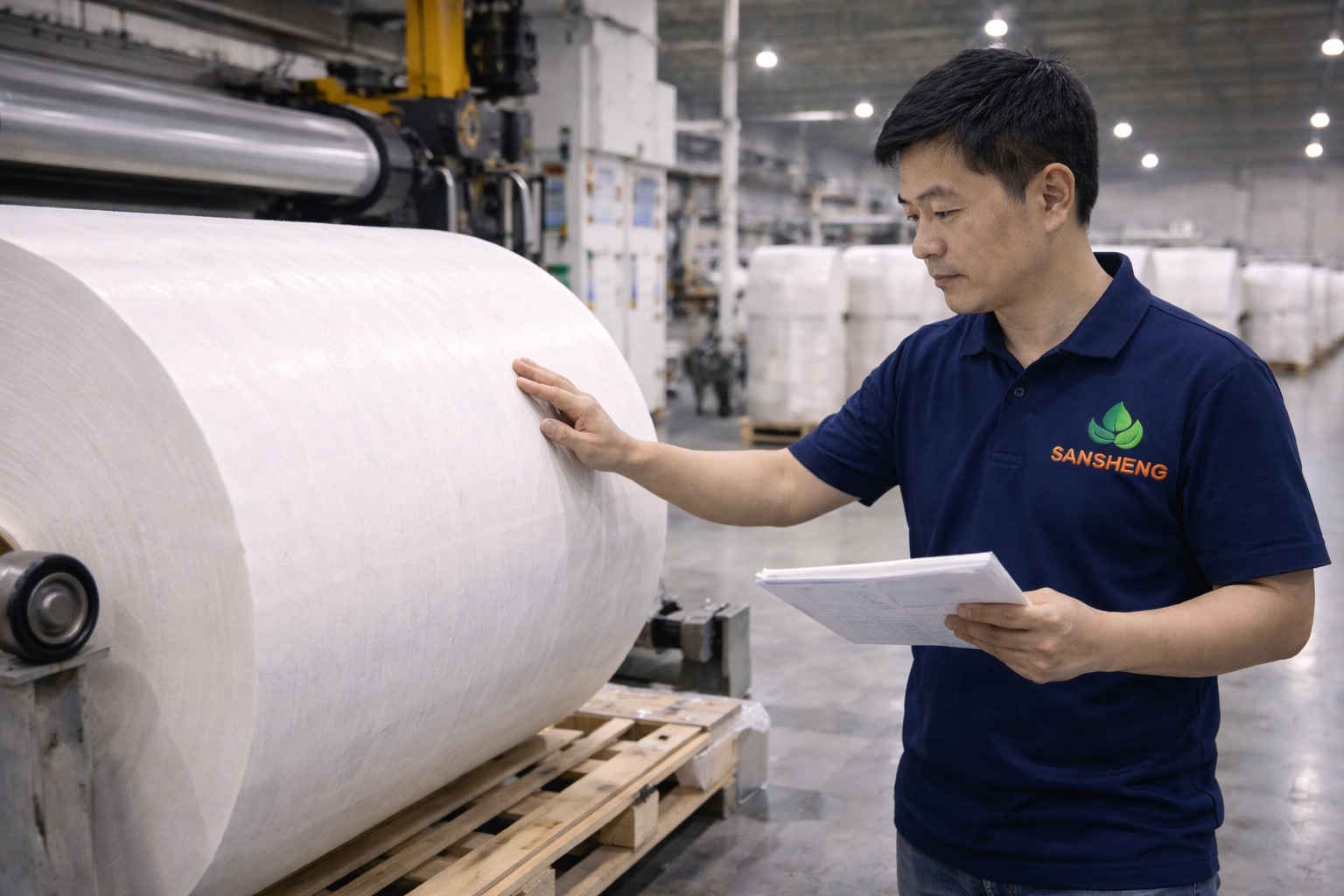 Bulk toilet paper production line with rewinding and packaging machines in factory