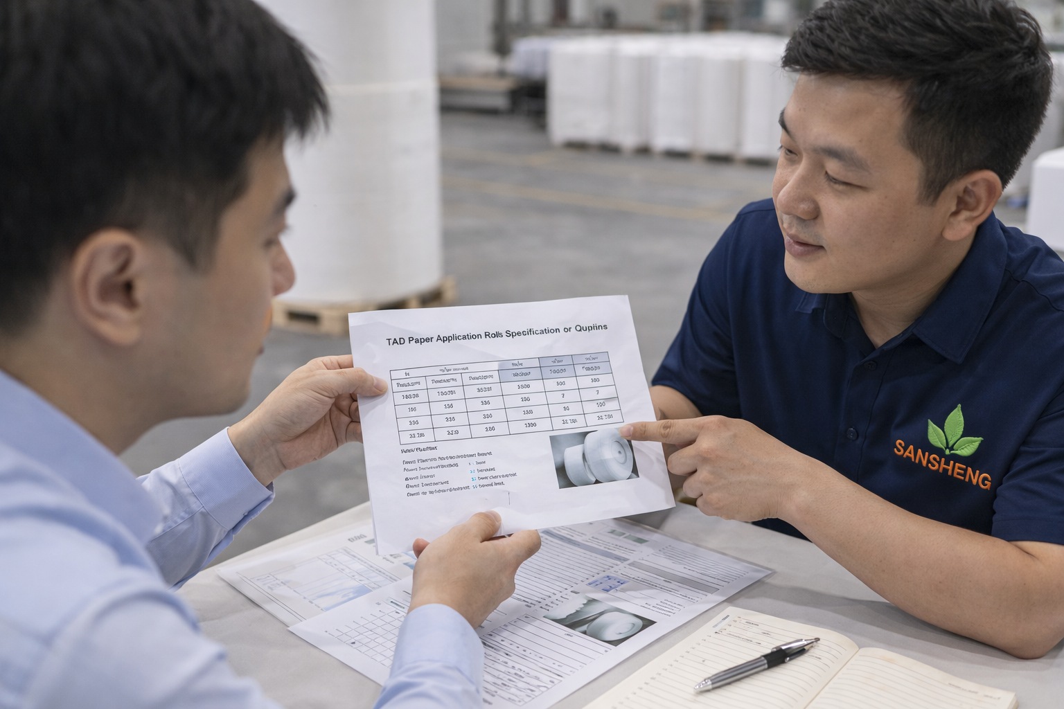 Buyer and supplier reviewing TAD paper application roll specification and quantity for quotation