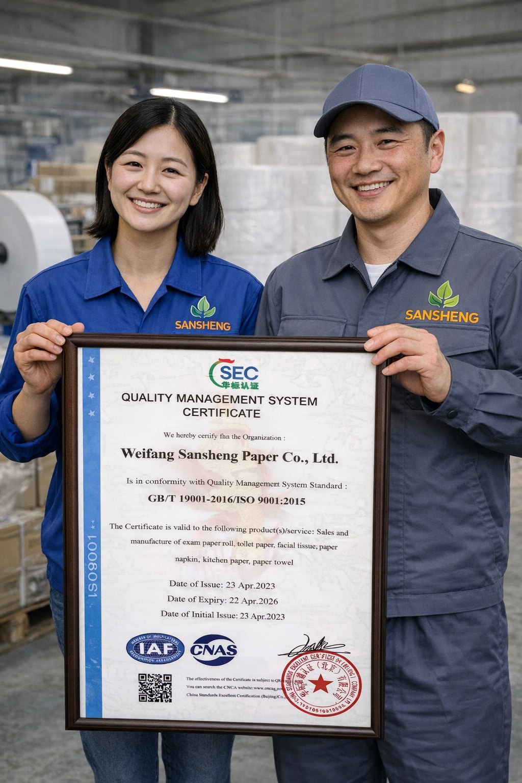 ISO 9001 quality management system certificate for Weifang Sansheng Paper Co., Ltd.