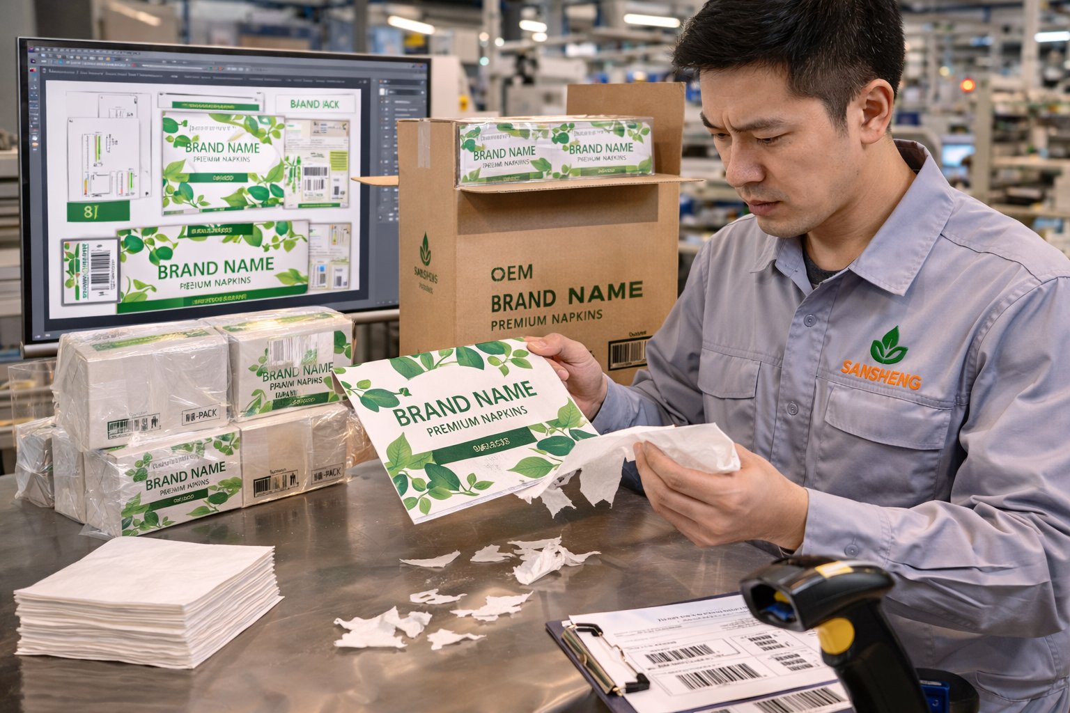 OEM and private label napkin packaging support including branded cartons artwork templates and barcode workflow
