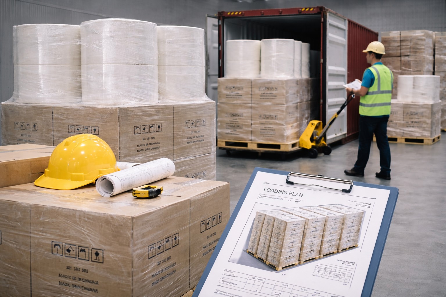 TAD paper export loading plan showing pallets jumbo rolls and container shipment preparation