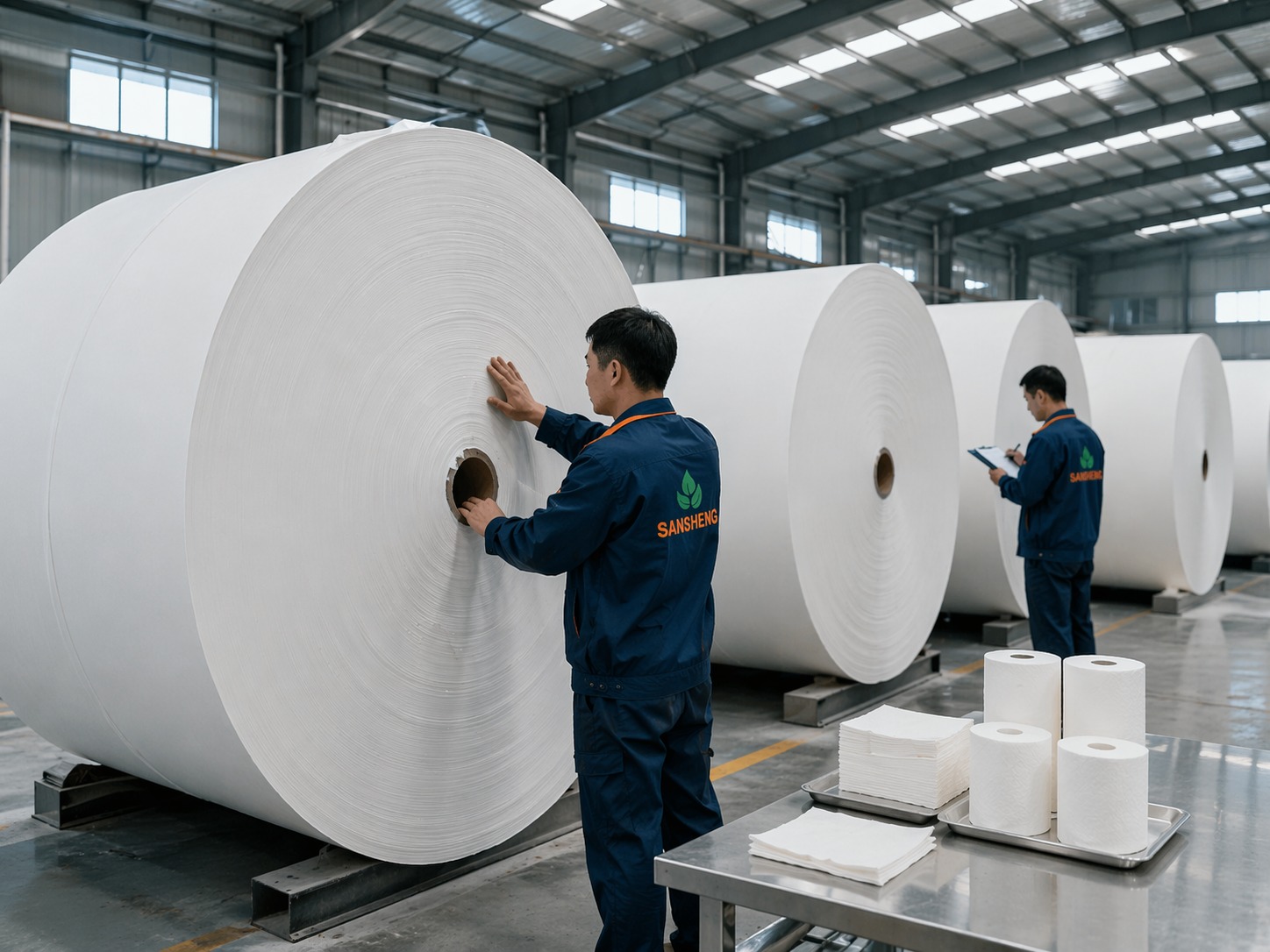 Large TAD paper jumbo rolls prepared for converting into premium towel and tissue products