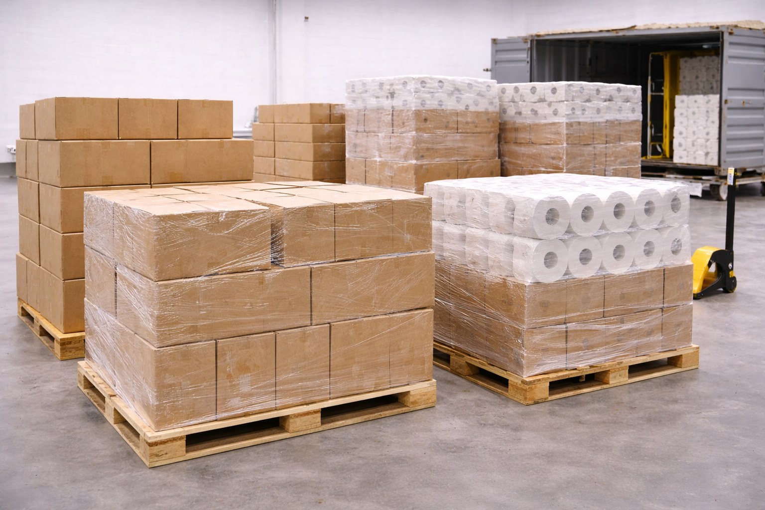 Toilet paper export cartons, palletizing, and loading arrangement