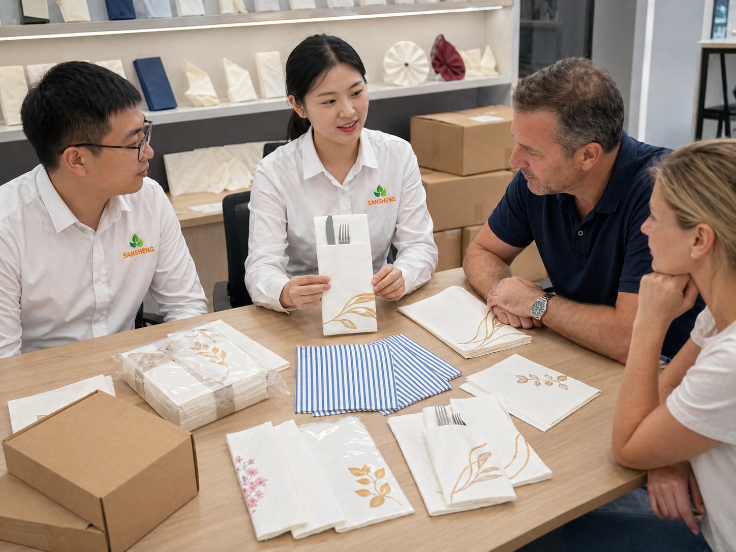 Professional airlaid napkin buyer meeting with samples and export packing discussion