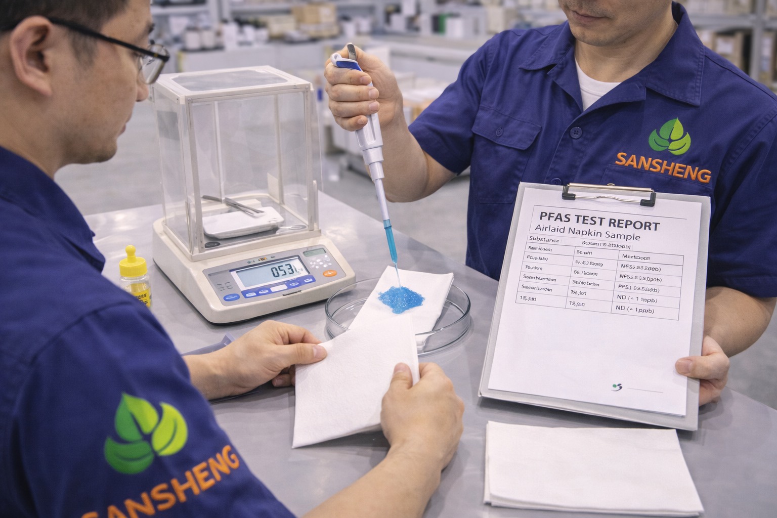 airlaid napkin supplier factory lab PFAS GSM and absorbency verification