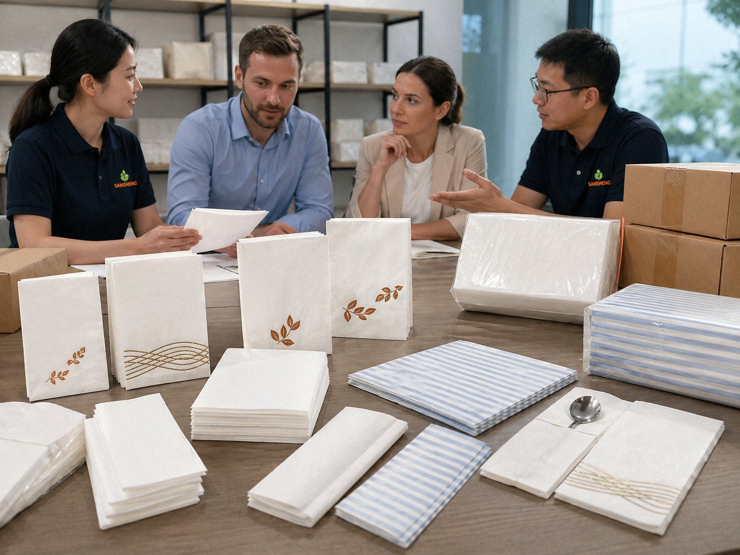 Premium airlaid napkins manufacturer showroom and buyer discussion