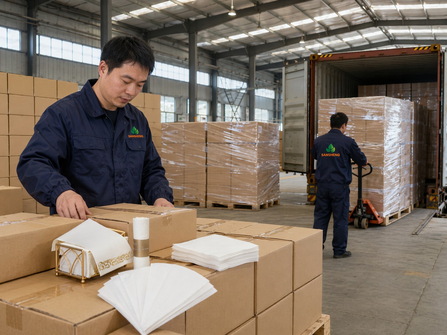 Airlaid napkins export cartons and container loading preparation for wholesale supply
