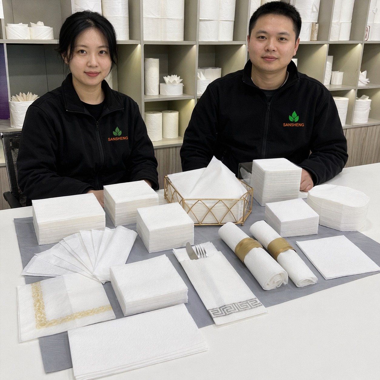 Finished airlaid napkins showing different product types and fold formats for B2B supply