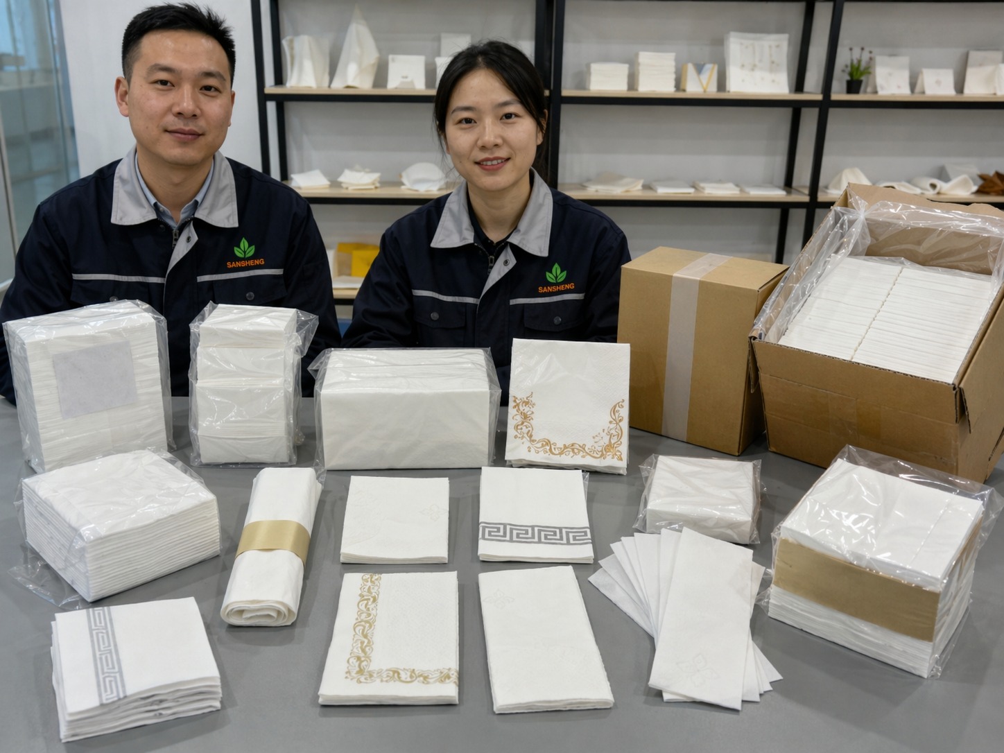 Airlaid napkins with printing and packaging options including logo design retail packs and export cartons