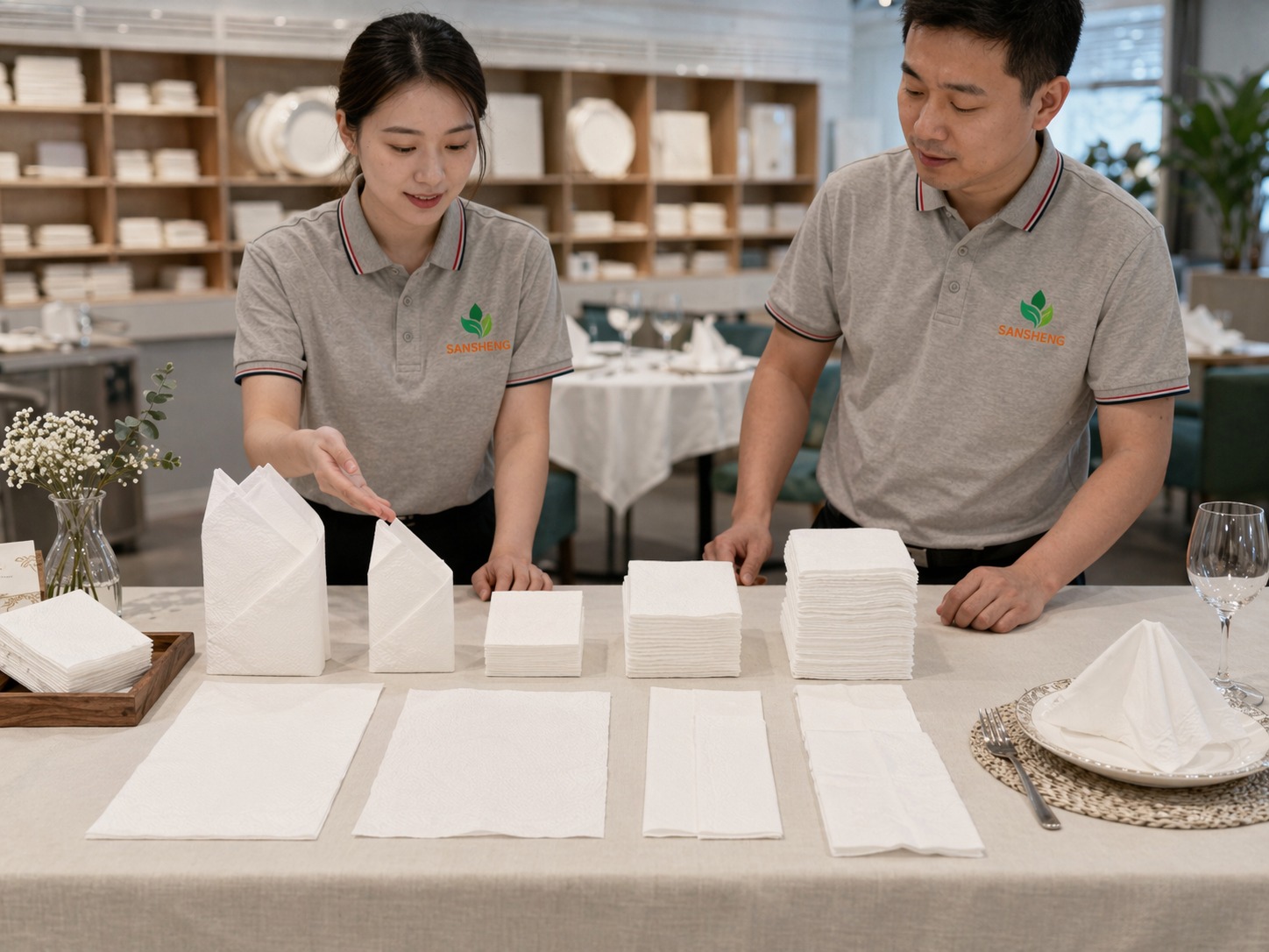 Airlaid napkin packaging and export carton setup for hospitality and private label programs