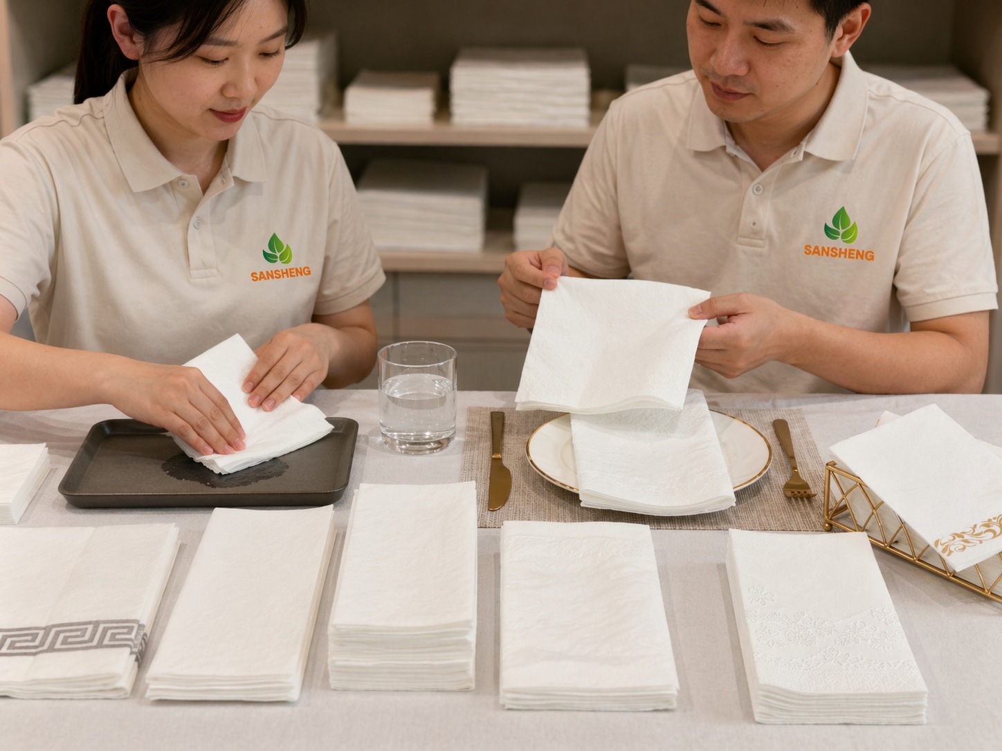 Airlaid napkins with logo printing and brand presentation for private label and hospitality use