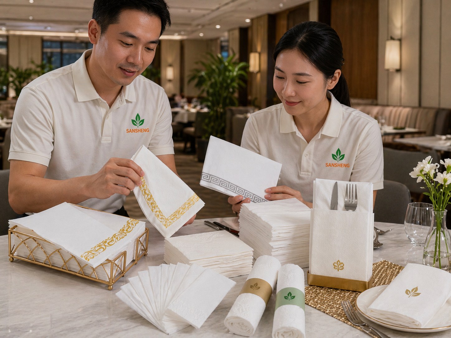 Airlaid napkins showing different GSM and table feel for hospitality and private label buyers