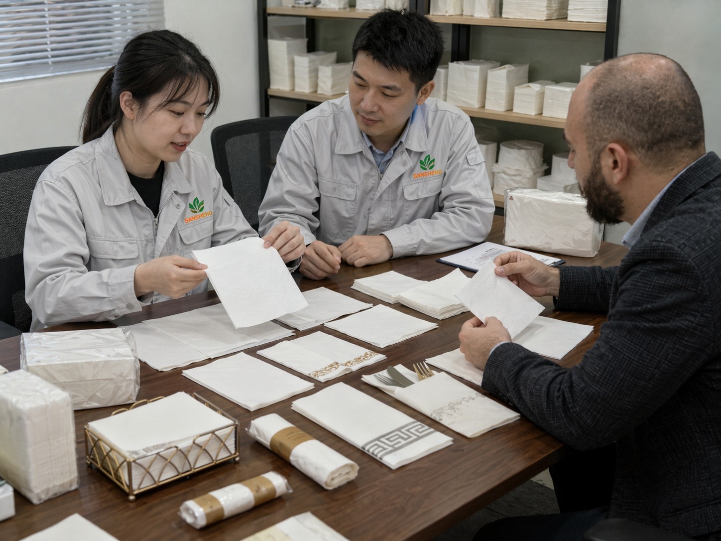 Buyer-facing communication for airlaid napkins size fold ply and pack format selection