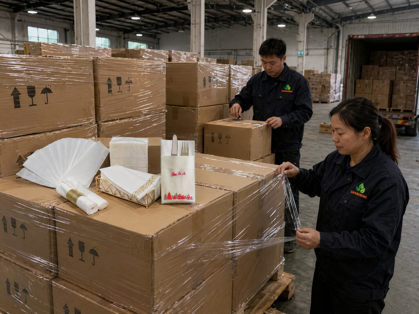 Export-ready packing of airlaid napkins with cartons shipping marks and pallet wrap