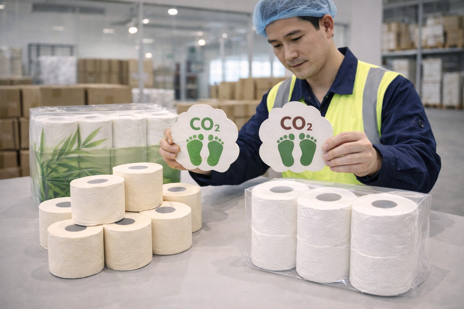 Carbon footprint comparison chart for bamboo and virgin pulp from a toilet paper manufacturer