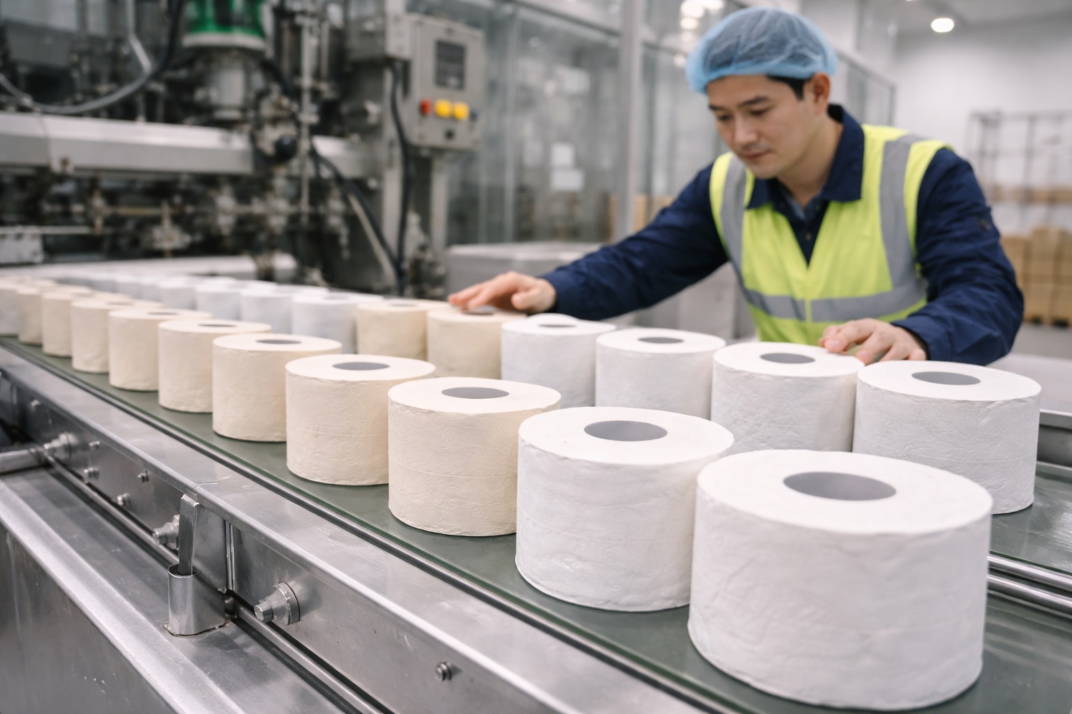 Bamboo and wood pulp blend rolls on a toilet paper manufacturer production line