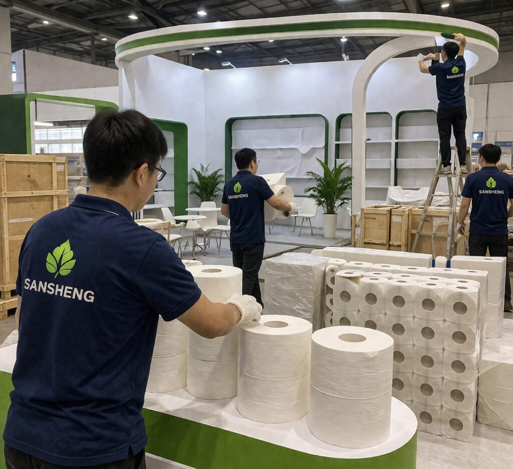 bulk toilet paper supplier booth preparation for Tissue World Miami 2026