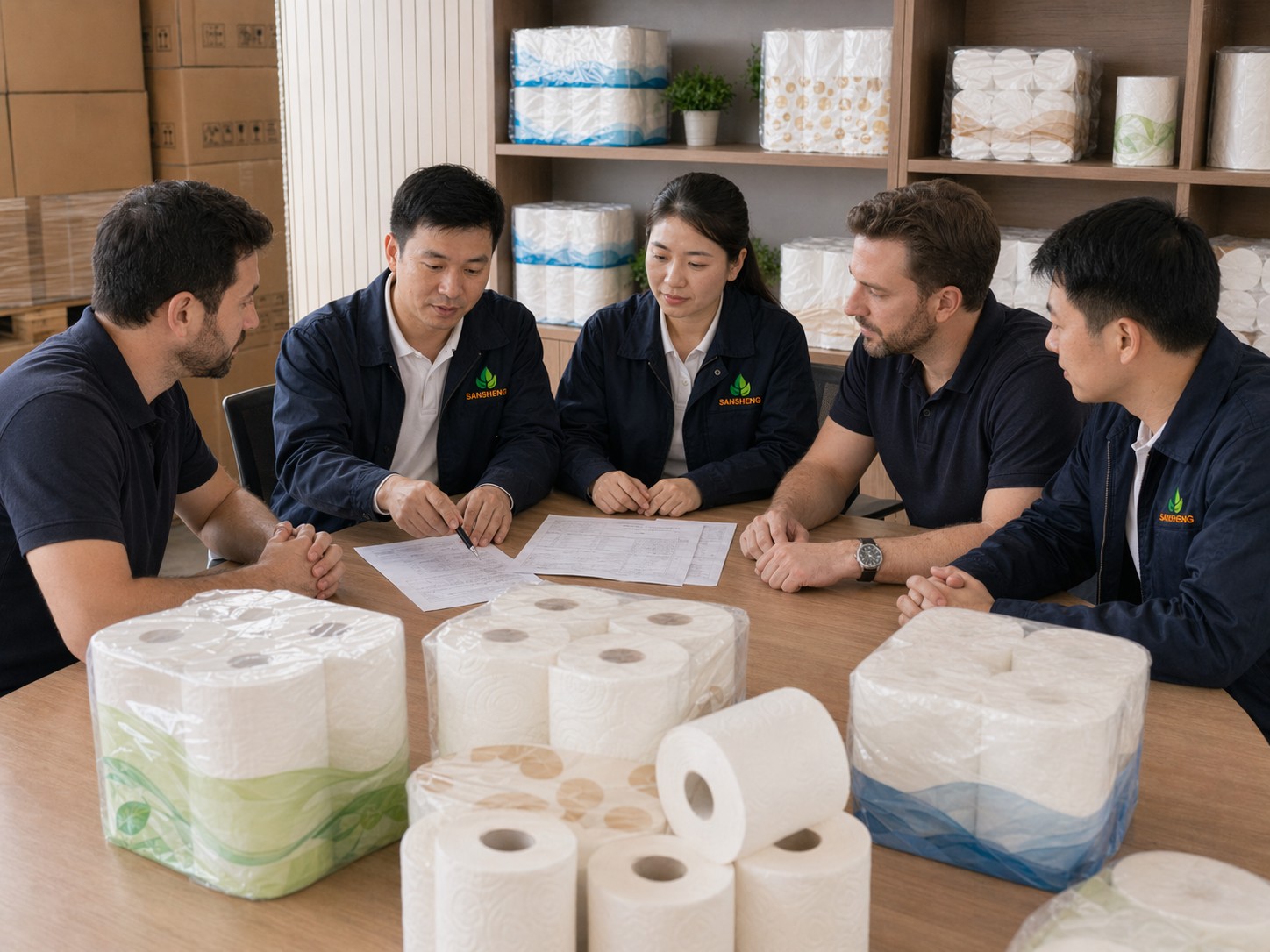Toilet paper order discussion with product samples packing cartons and quotation details