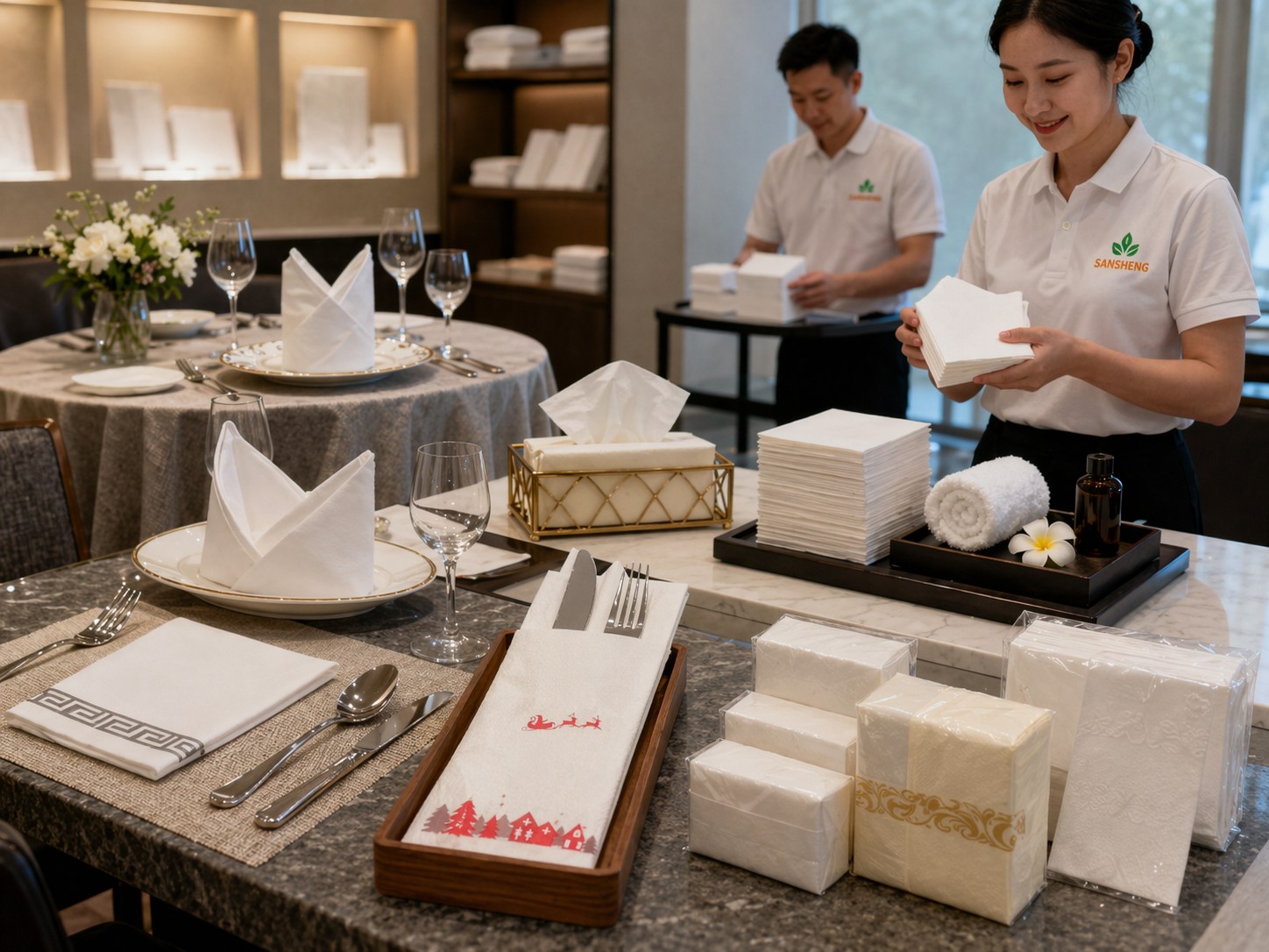 Airlaid napkins for restaurant hotel banquet room amenities and retail private label uses