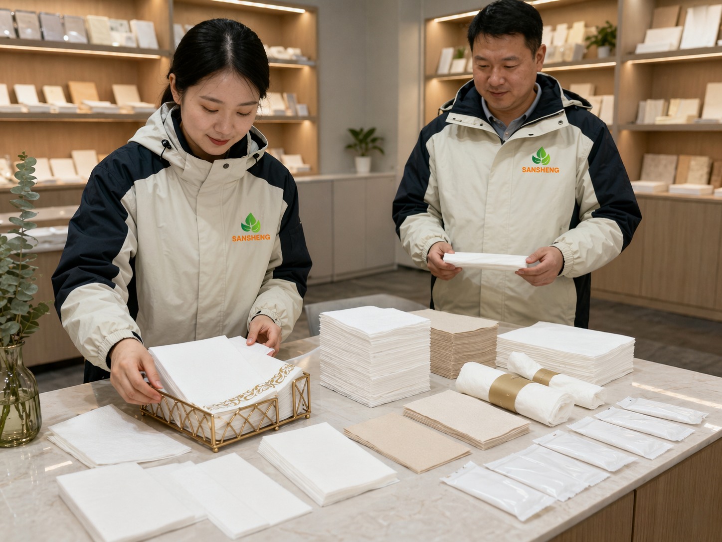 Different airlaid napkin folds and formats including 1-8 fold 1-4 fold cocktail bar and individually packed wipes