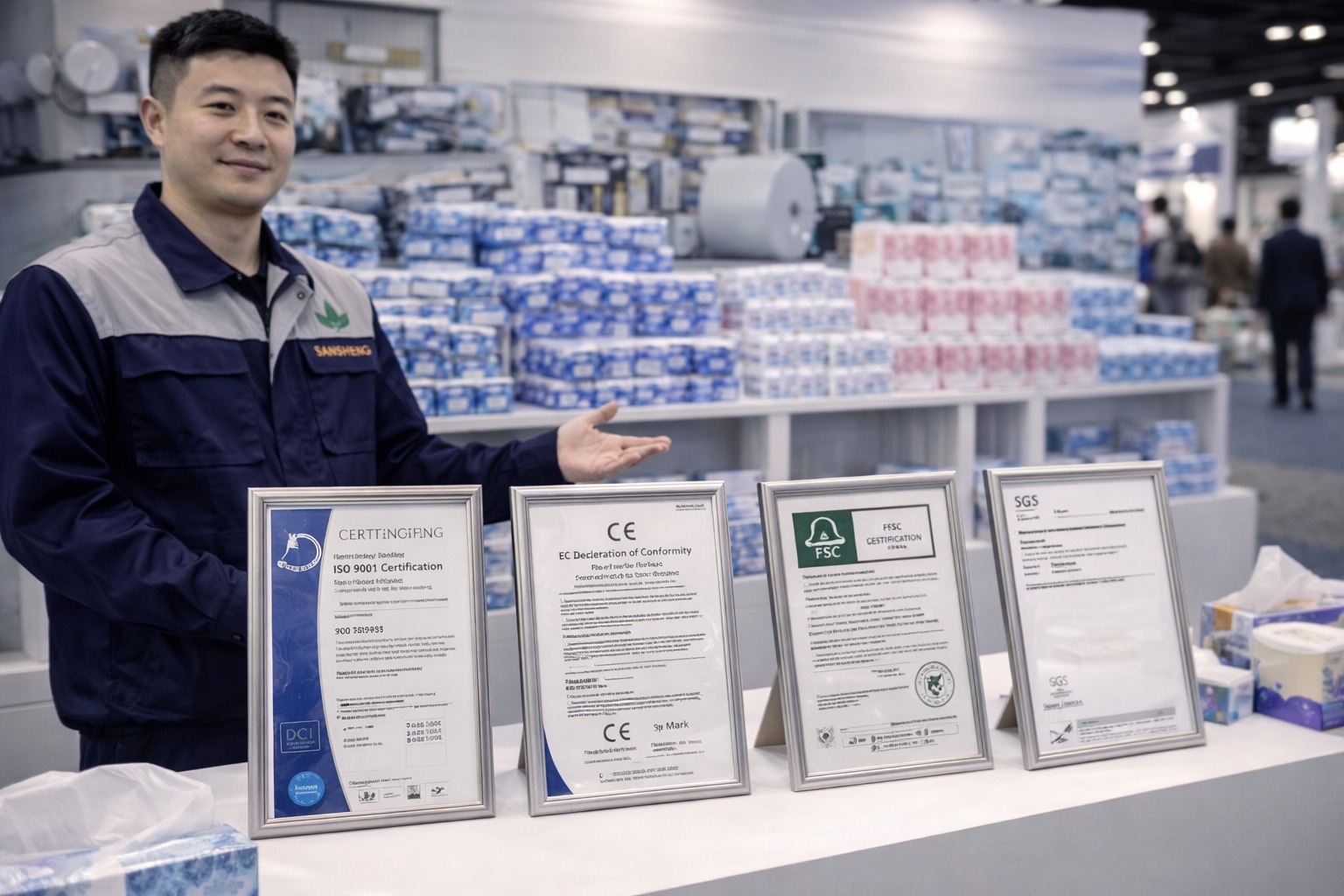 Facial tissue manufacturer Sansheng displaying ISO 9001 CE FSC and SGS certification documents
