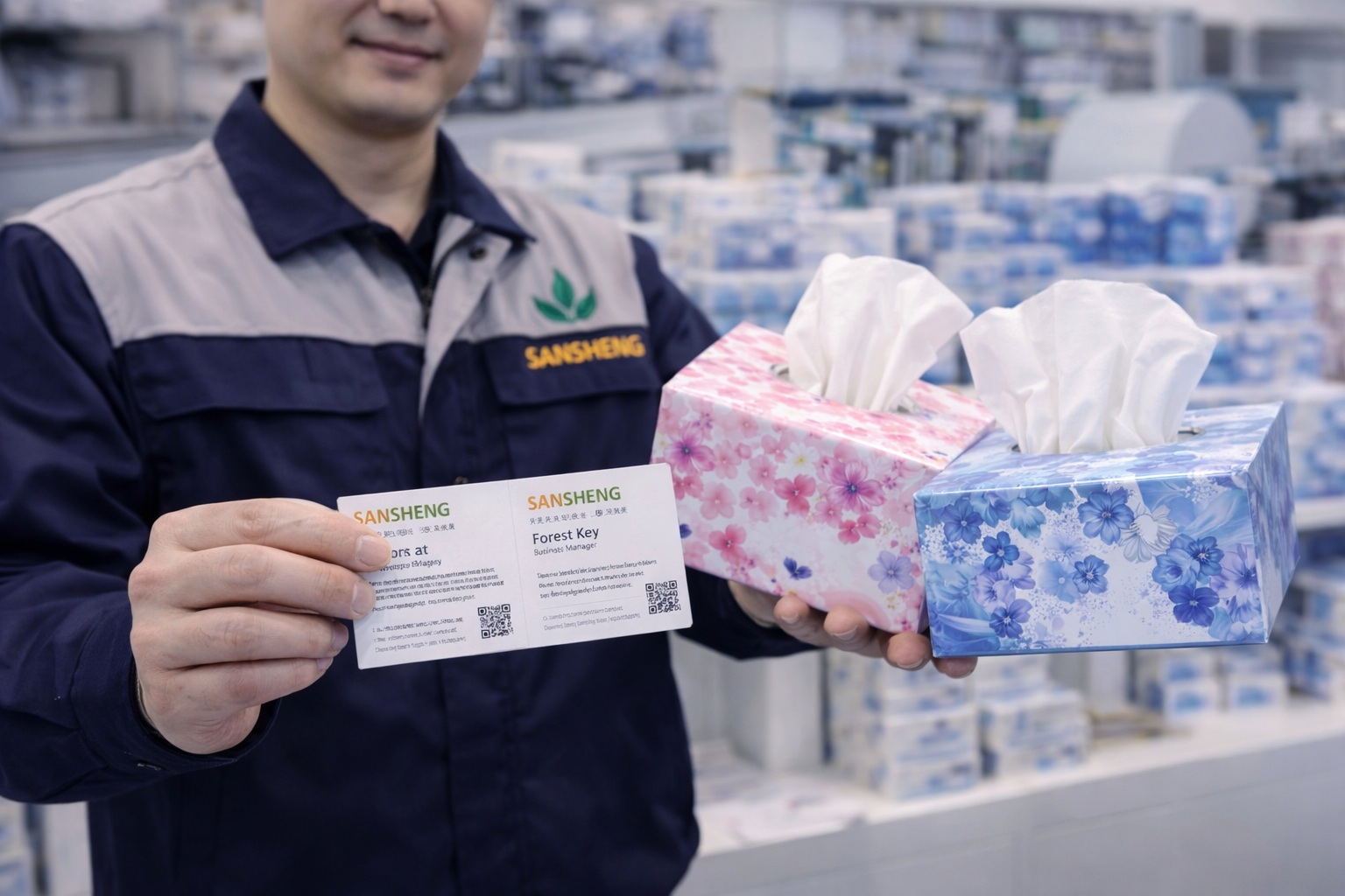 Facial tissue manufacturer Sansheng business cards and product samples at trade show