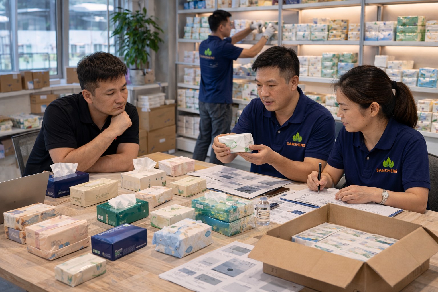 Facial tissue specification comparison including boxed tissue soft pack and packaging details