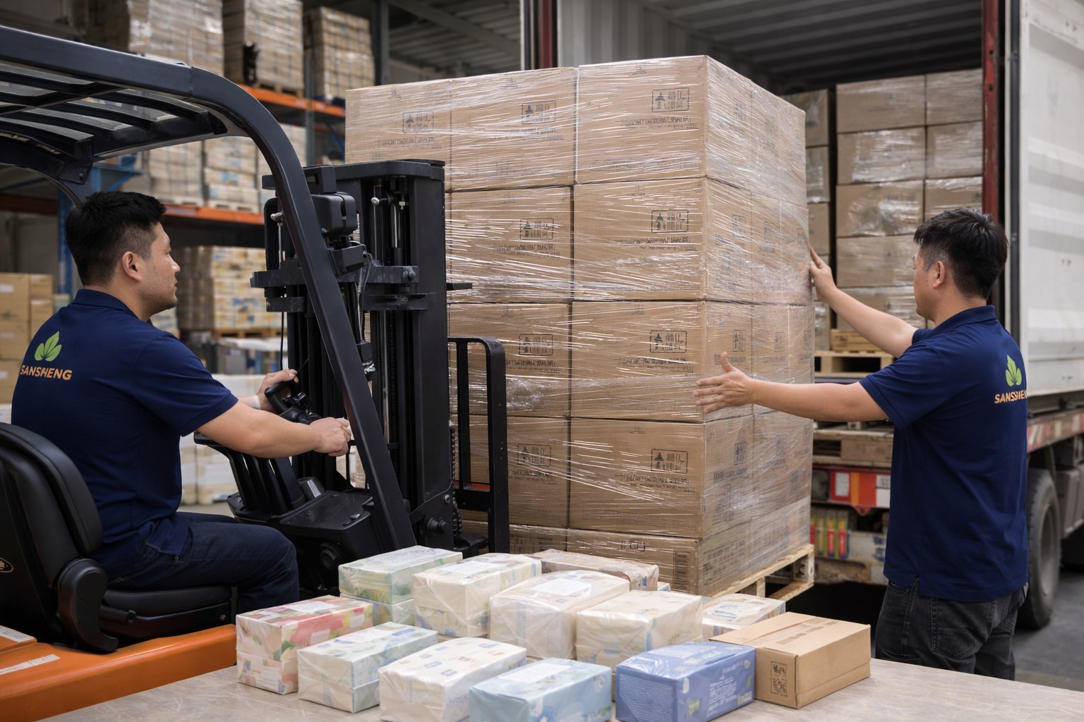 Facial tissue export loading and carton preparation for wholesale container shipment