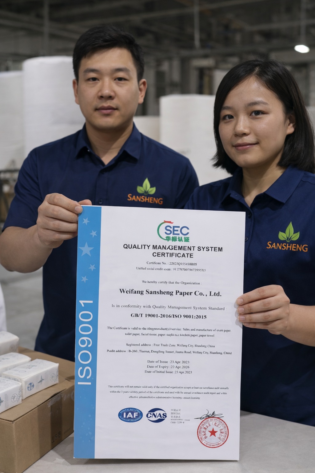 ISO 9001 quality management certificate for Weifang Sansheng Paper Co., Ltd.