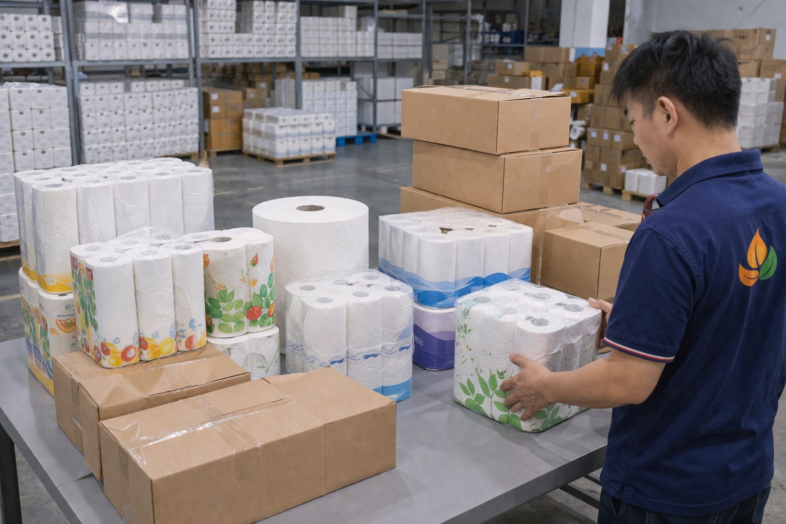 Kitchen towel export warehouse with palletized cartons ready for bulk shipment