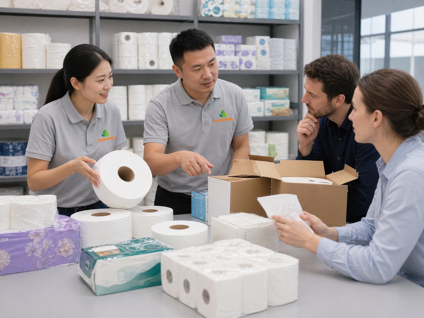 Toilet paper manufacturer buyer meeting with product samples and export packing review