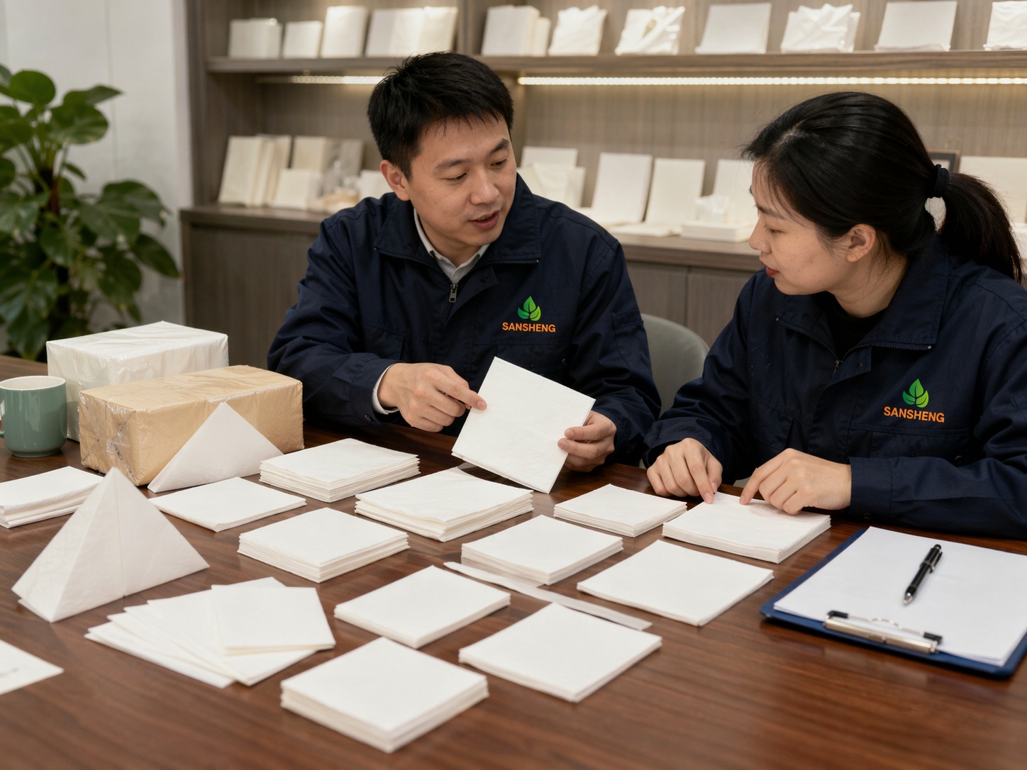 Buyer and supplier reviewing paper napkin size fold and quantity for quotation