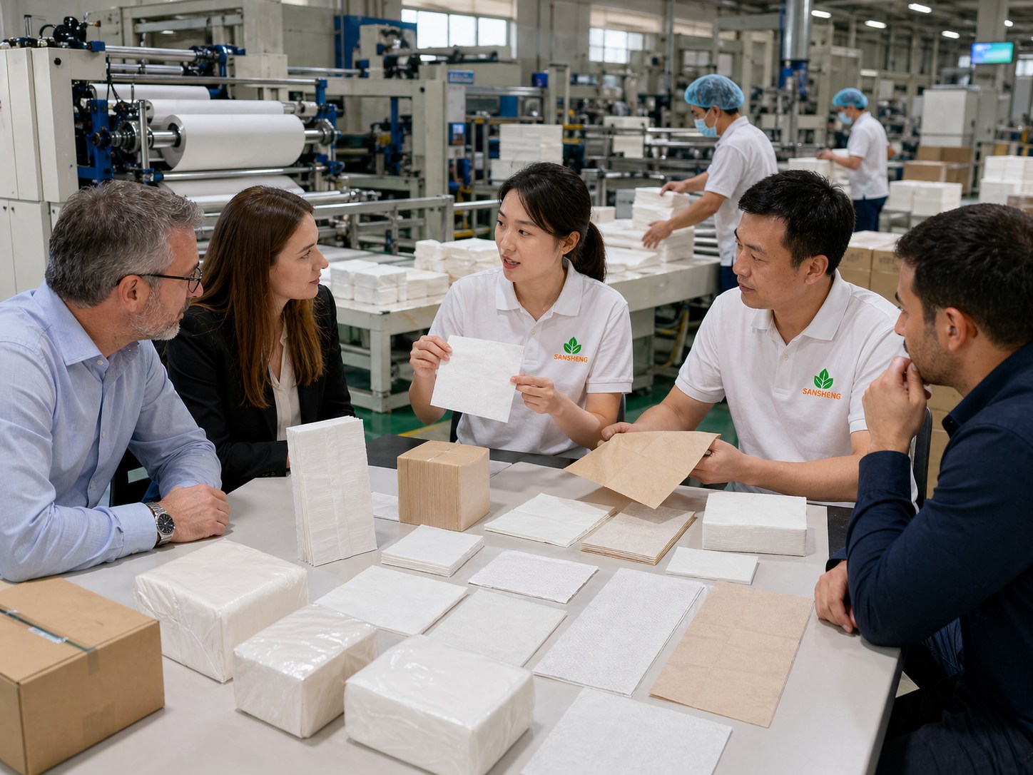 Paper napkin formats for different markets displayed in a clean sample room