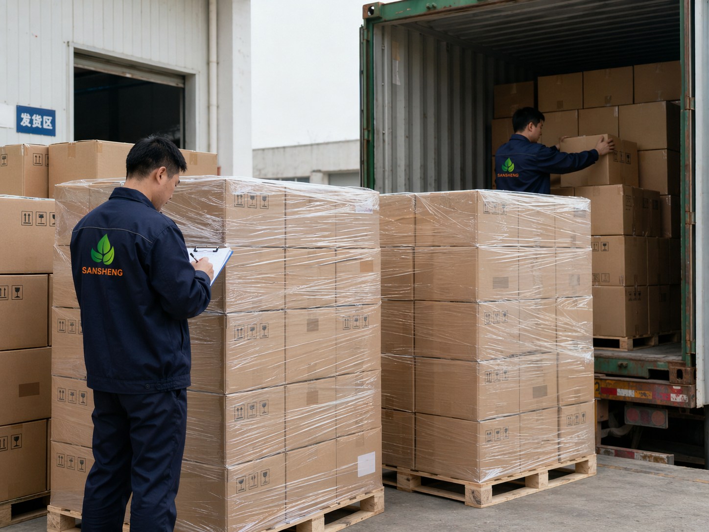 Paper napkin export loading with neutral cartons pallet wrap and container-based shipment preparation