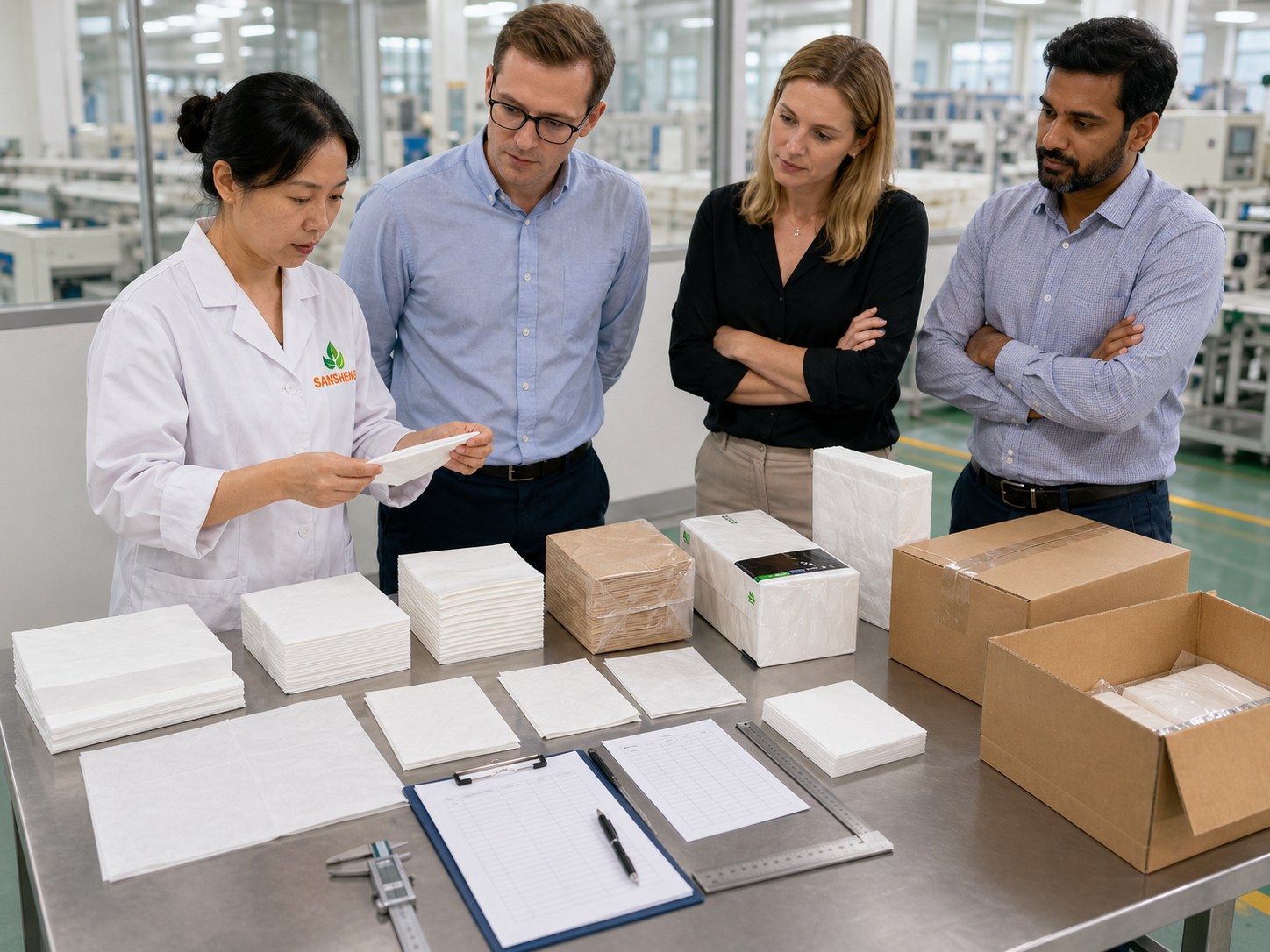 Paper napkin production and quality control inspection in factory
