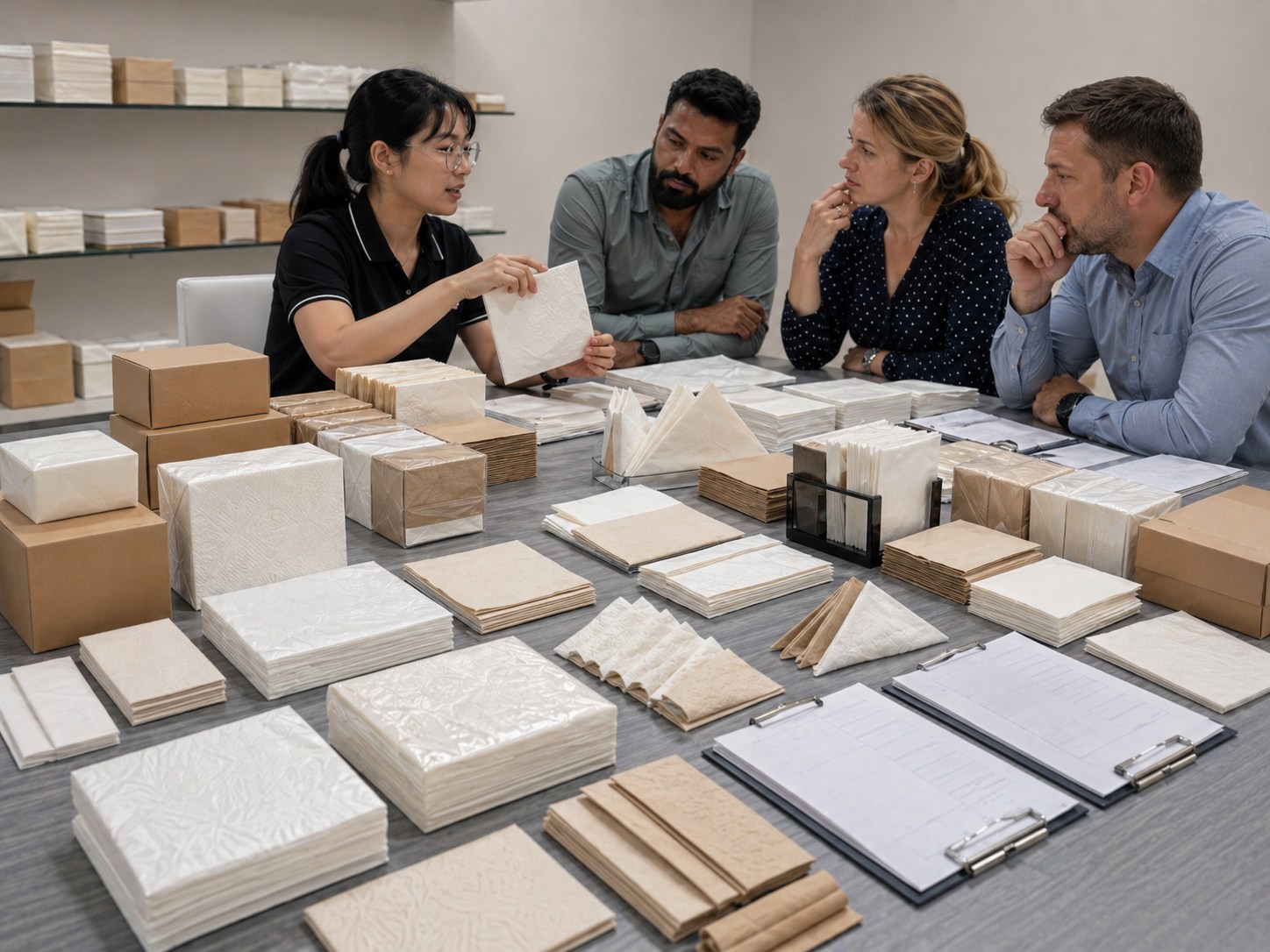 Paper napkin quality inspection and export packing review in a Chinese factory showroom