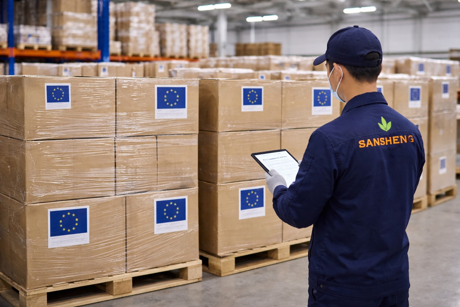 Paper napkin supplier Sansheng factory warehouse with EU-compliant napkin cartons ready for export