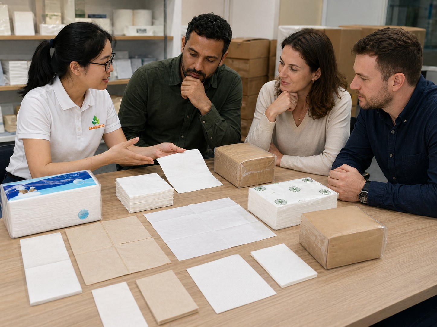 Paper napkin supply risk discussion with samples and export packing review