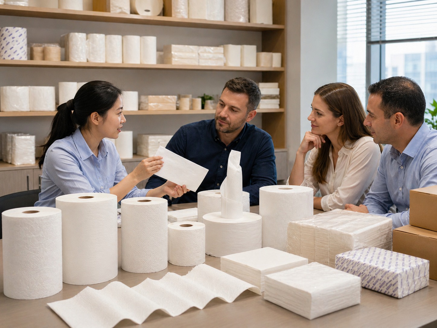 Professional paper towel buyers discussing bulk supply and private label options
