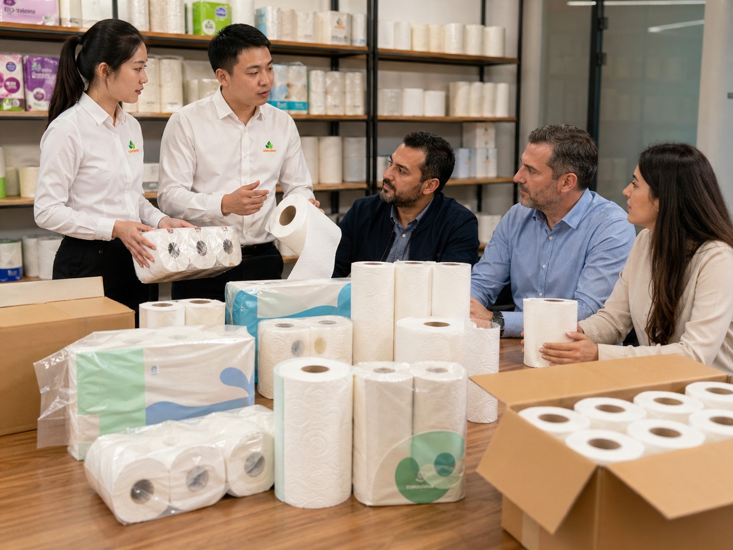 Paper towel order discussion with product samples packing cartons and quotation details