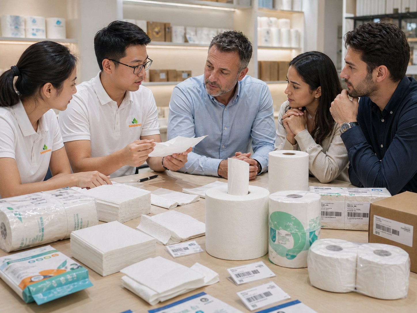 OEM and private label paper towel program discussion with product samples and packaging options