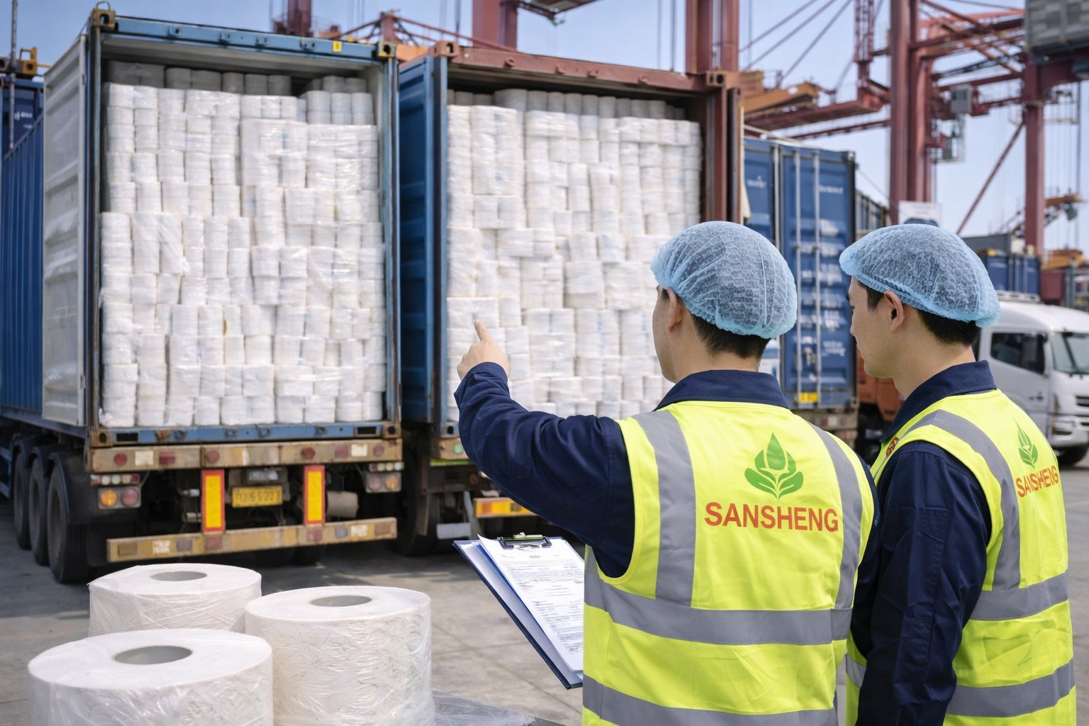 Paper towel supplier Sansheng export containers loaded with bulk tissue rolls at port